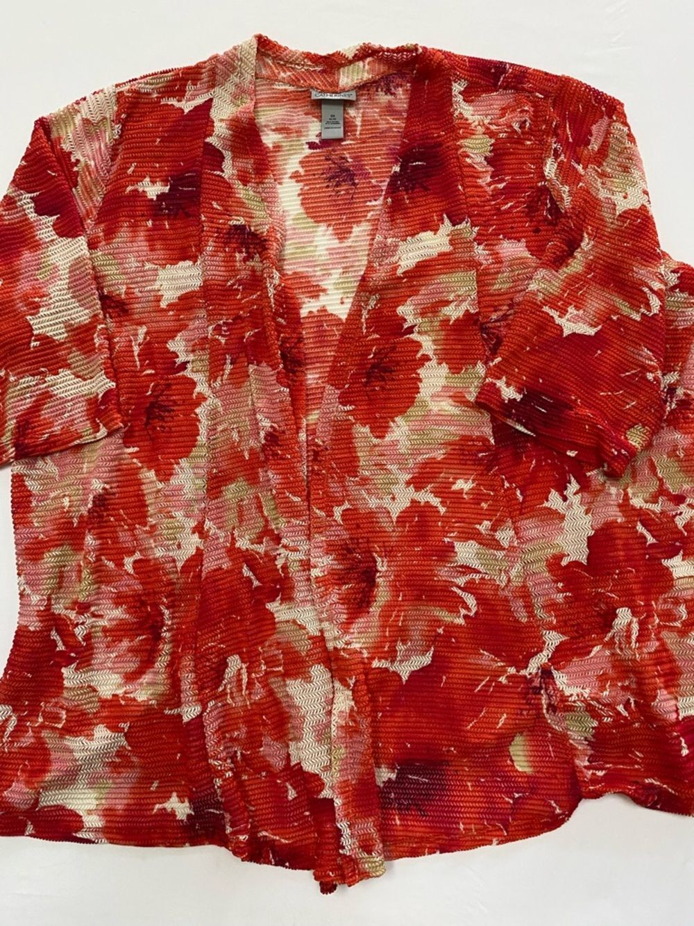 Catherines Red Floral Textured Open Front Cardigan Maggie Barnes 3X Plus Size